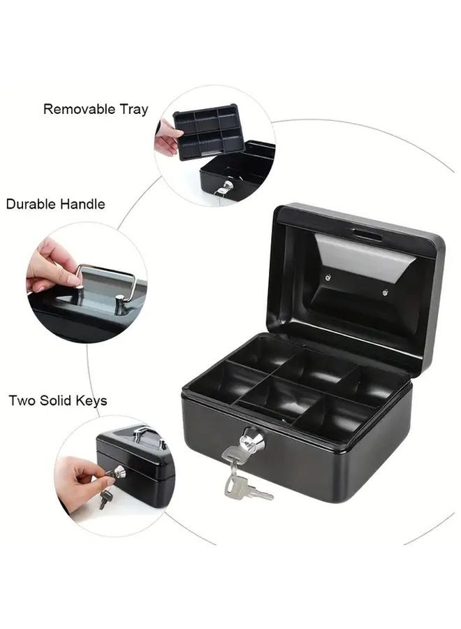Black Portable Hand Held Safe With Keys Durable Iron Lock Box Cash Coin Tray Organizer - Image 5