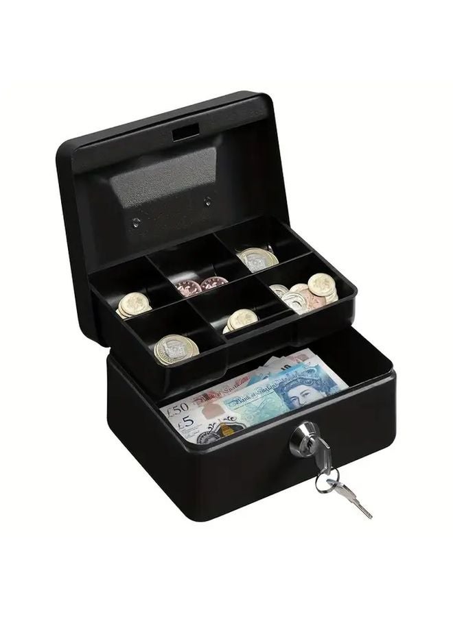 Black Portable Hand Held Safe With Keys Durable Iron Lock Box Cash Coin Tray Organizer - Image 1