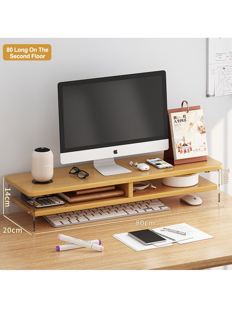FlashHawk - Acrylic Computer Monitor Stand Holder, Bamboo Heavy Duty Monitor Riser with Storage Shelf for Office Home Desktop Corner - Image 1