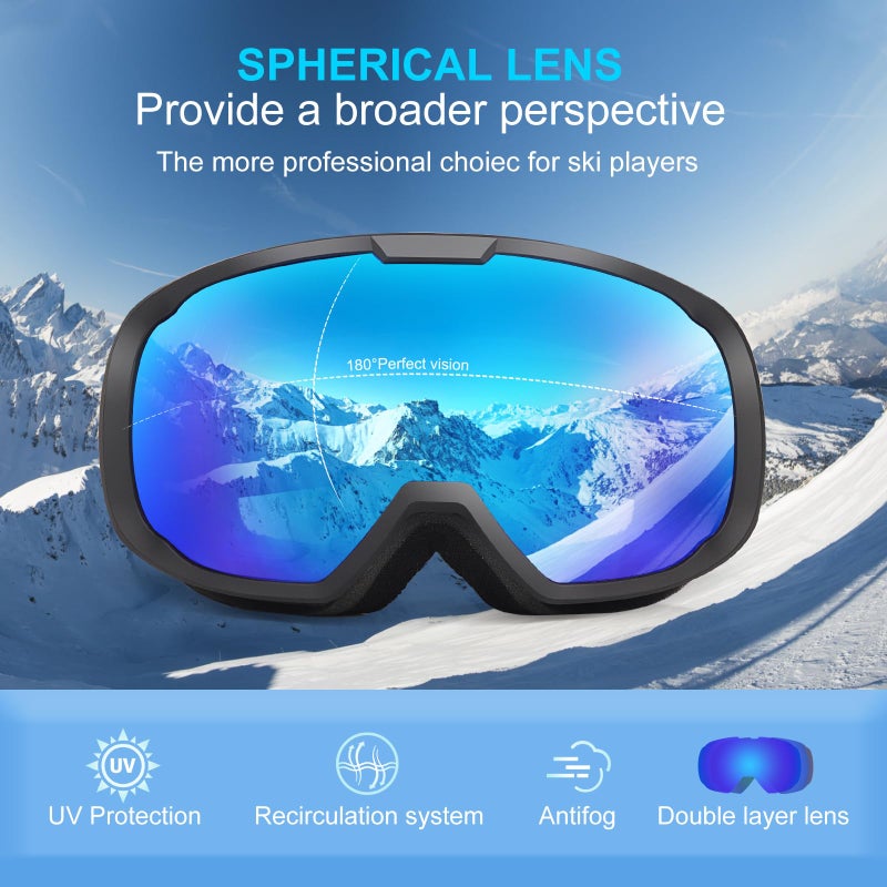 EXP VISION Ski Goggles for Men Women, OTG Snowboard Goggles with 100% UV Protection Anti Fog Lens Snow Goggles (Blue) - Image 2
