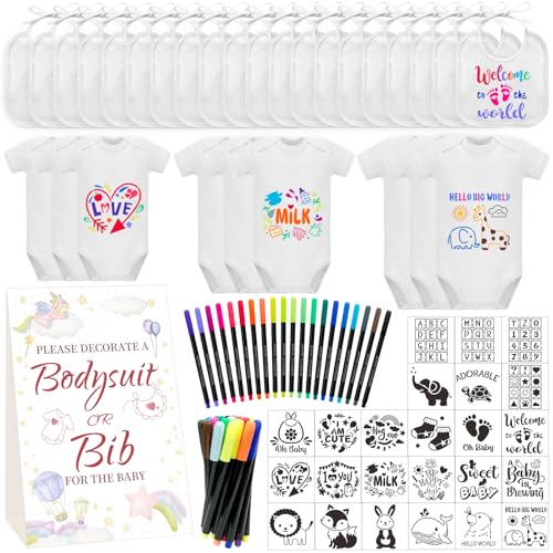Aisharery Bibs Bodysuits Baby Shower Game Sign Set Newborn Onesies Feeder Gift Fabric Marker Stencils Kit - Image 1