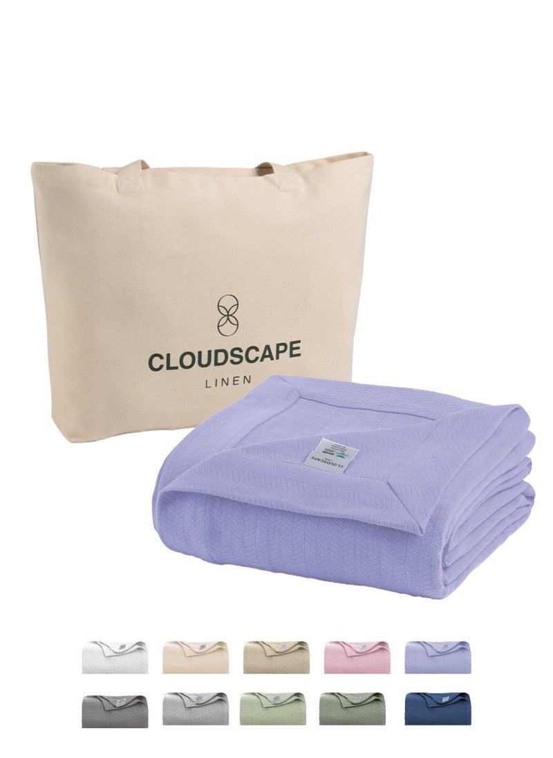 Cloud Scape Linen 100% Cotton Herringbone Blanket for All Season, Soft and Breathable Thermal Blanket,Lavender Blue  - Image 1