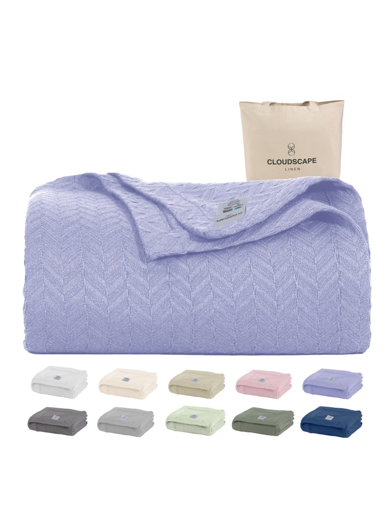 Cloud Scape Linen 100% Cotton Herringbone Blanket for All Season, Soft and Breathable Thermal Blanket,Lavender Blue  - Image 1