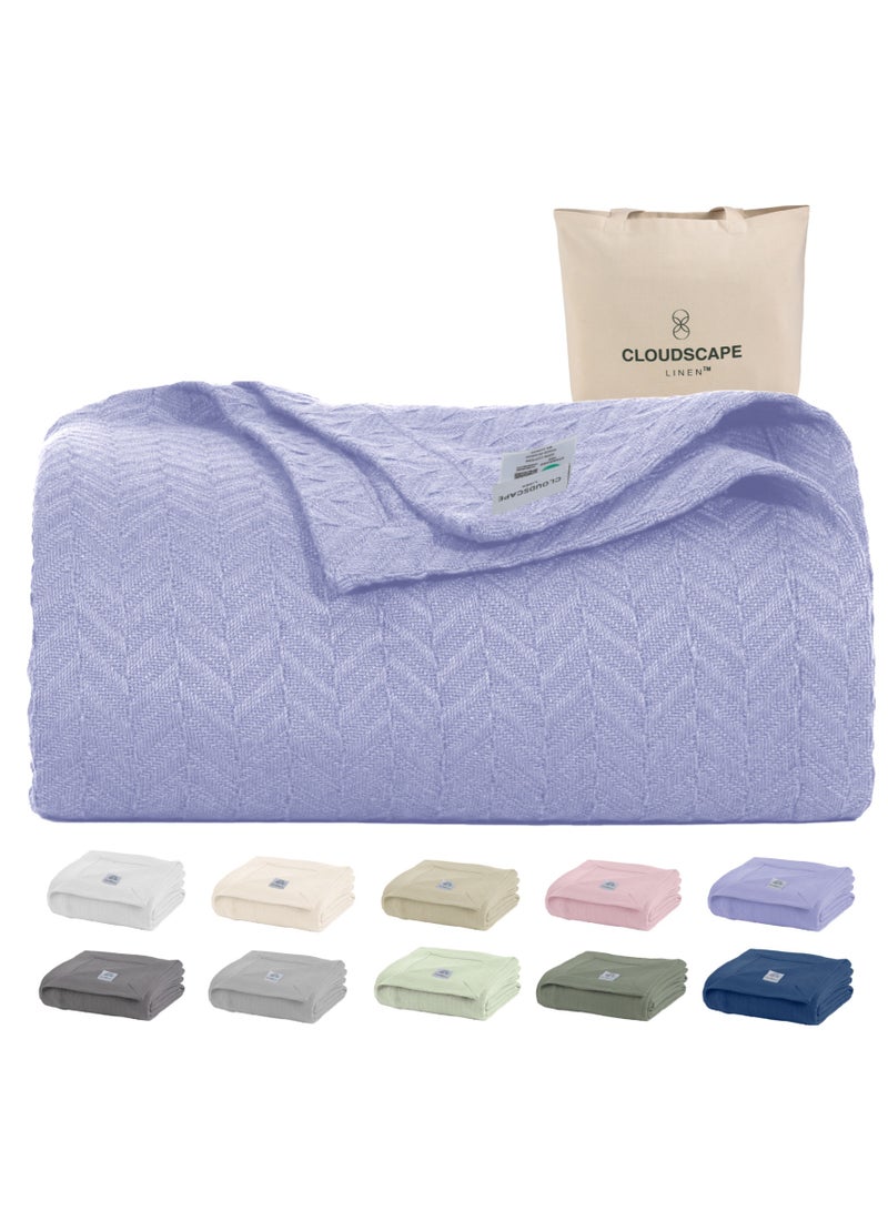 Cloud Scape Linen 100% Cotton Herringbone Blanket for All Season, Soft and Breathable Thermal Blanket,Lavender Blue - Image 2