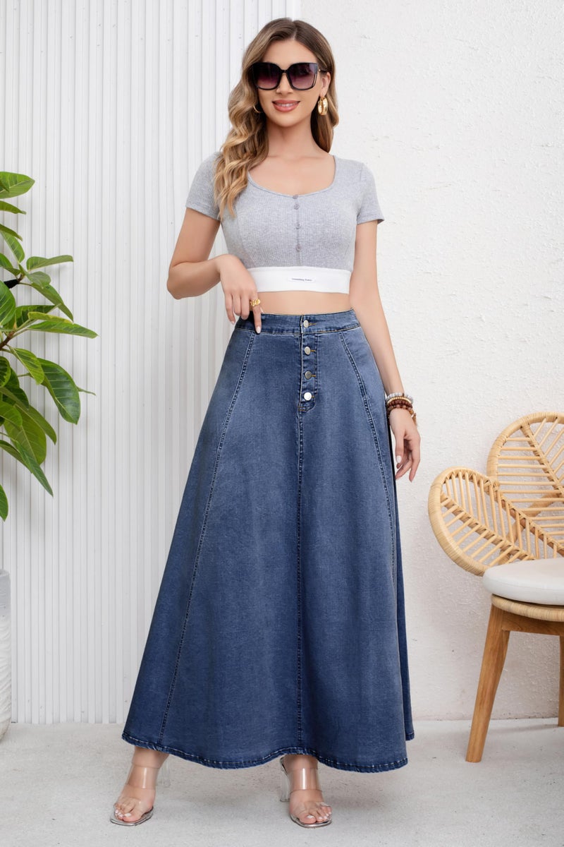 ebossy Women's Retro High Waisted Button Fly Flared Long Jean Skirts Pleated Flowy Swing A-line Denim Maxi Skirts (XXL, Dark Blue) - Image 2
