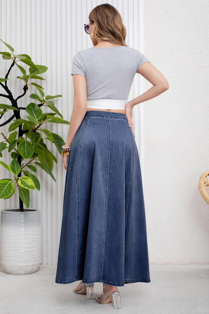 ebossy Women's Retro High Waisted Button Fly Flared Long Jean Skirts Pleated Flowy Swing A-line Denim Maxi Skirts (XXL, Dark Blue) - Image 5