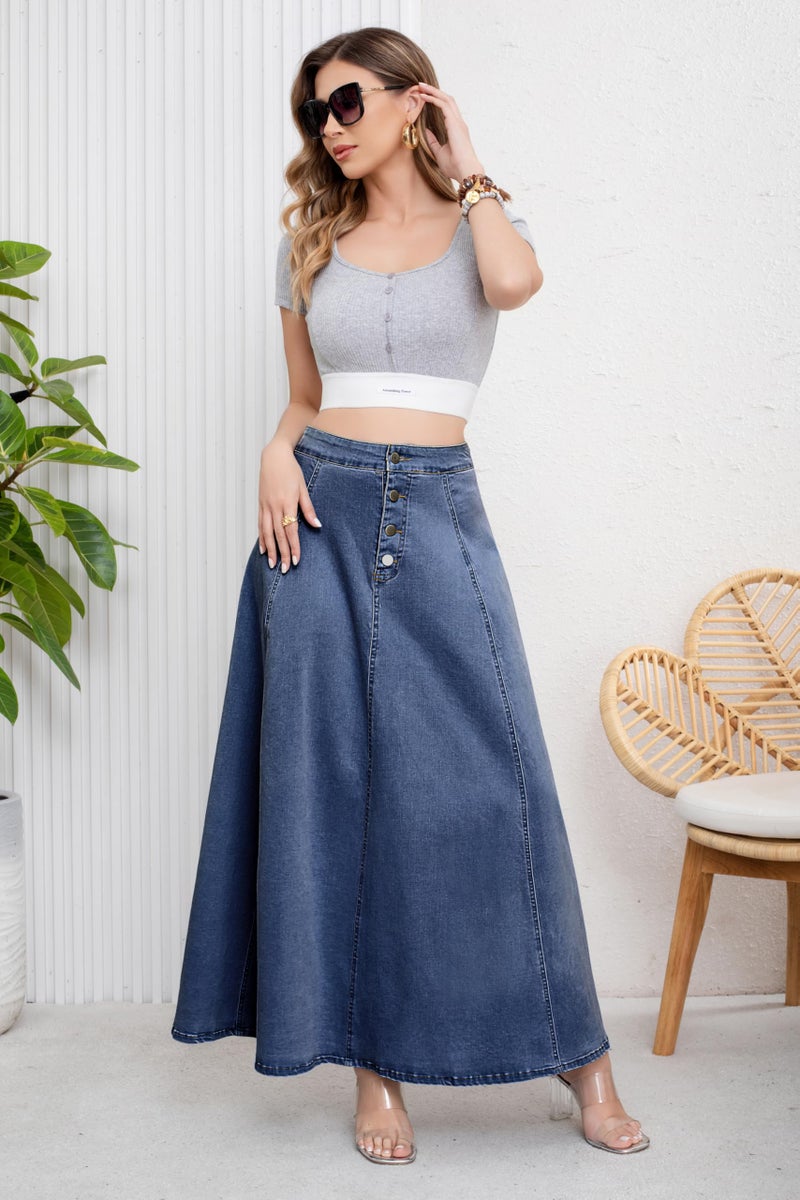 ebossy Women's Retro High Waisted Button Fly Flared Long Jean Skirts Pleated Flowy Swing A-line Denim Maxi Skirts (XXL, Dark Blue) - Image 3