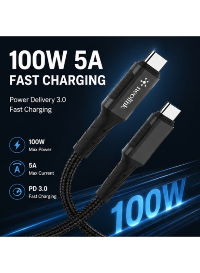 نيو لينك neolink USB 3.0 100W 5A كابل شحن سريع من النوع C إلى النوع C، كابل شاحن USB مضفر من النايلون من النوع C متوافق مع Samsung Galaxy Note 20/10/10+/9/8، S10 S10E، S20 S9 S8 Plus - Image 2