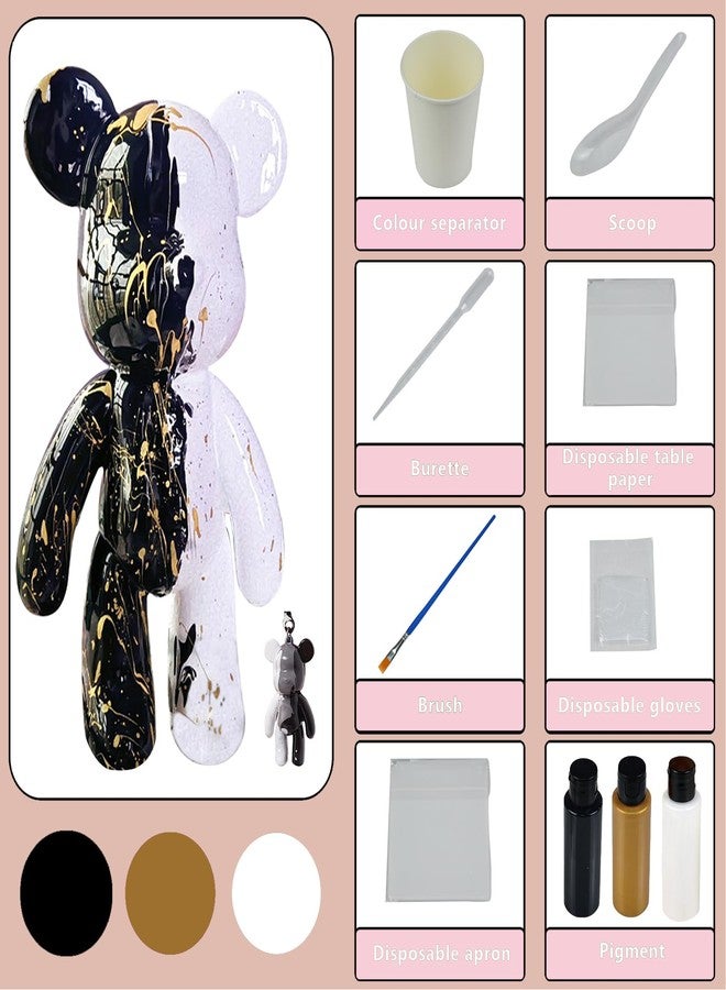 Coniuty DIY Fluid Bear + Bear Keychain Figure, Marble Bear Painting Kit for Creative Pouring Art (Black+White+Gold, 9 inch) - Image 3