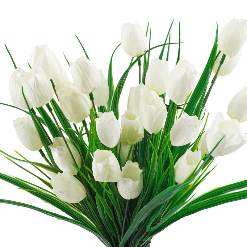 Ruidazon 6 Bundles Tulips Artificial Flowers30 Heads Outdoor Artificial Tulip Faux Plastic Greenery Shrubs Plants UV Resistant for Easter Home Outside Garden Porch Window Decor White