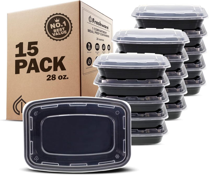 Freshware Meal Prep Containers 15 Pack 1 Compartment Food Storage Containers with Lids Bento Box BPA Free Stackable MicrowaveDishwasherFreezer Safe 28 oz - Image 1