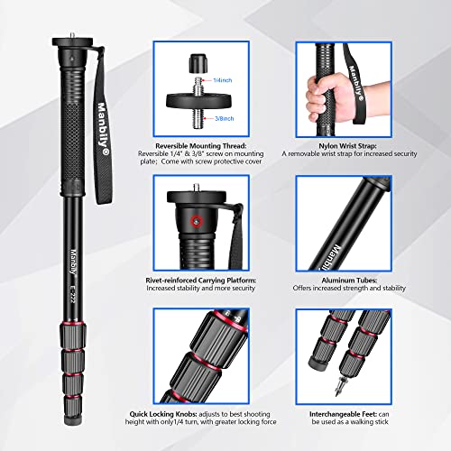 Manbily 65-Inch Camera Monopod, 5 Sections Aluminum Travel Monopod for Canon Nikon Sony DSLR Cameras Video Camcorder, Compact Portable Lightweight（E-222） (Red) - Image 3