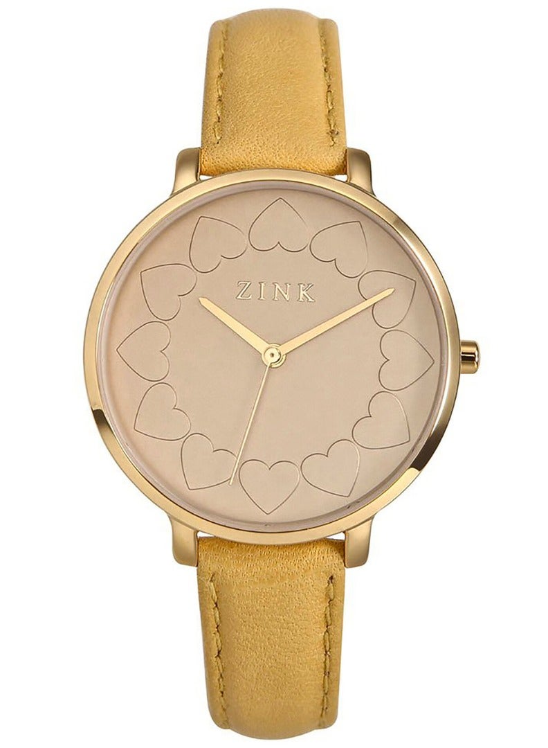 زنك ساعة ZINK نسائية بهيكل من الفولاذ المقاوم للصدأ باللون الذهبي وحزام من الجلد باللون الكاكي - Image 1