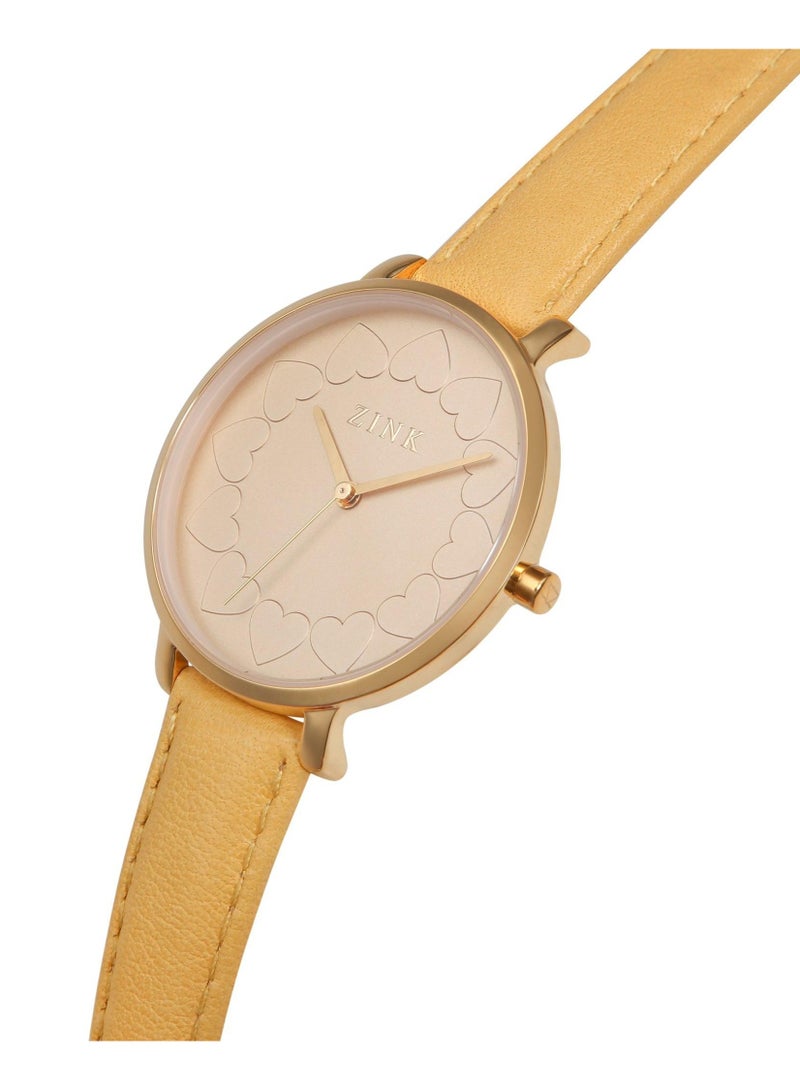 زنك ساعة ZINK نسائية بهيكل من الفولاذ المقاوم للصدأ باللون الذهبي وحزام من الجلد باللون الكاكي - Image 2