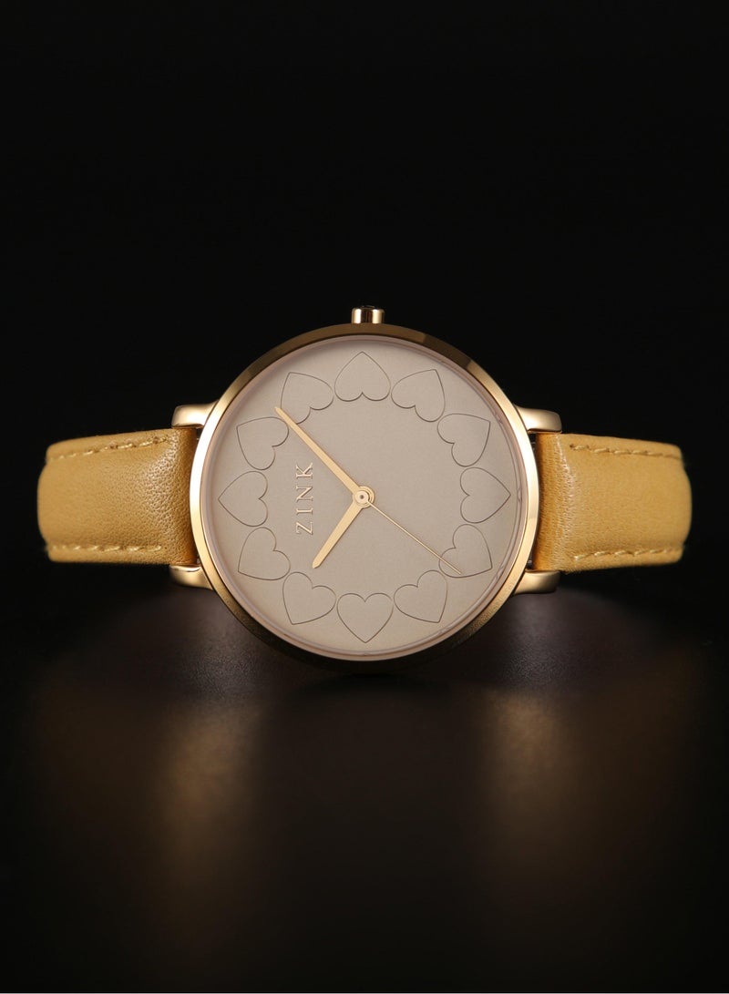 زنك ساعة ZINK نسائية بهيكل من الفولاذ المقاوم للصدأ باللون الذهبي وحزام من الجلد باللون الكاكي - Image 5