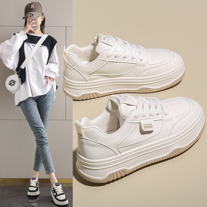 Women'S Shoes Thick Bottom Leather White Shoes Women'S Fashion Foreign Style 34 Size Fleece-Lined Sneaker - Image 1