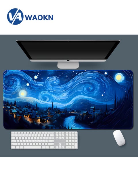 E-Sports Large Gaming Mouse Pad Starry Town Pattern Extended Anti-Skid with Stitched Edges Waterproof Desk Pad with Non-Slip Base Computer Keyboard Pad Protector Super Creative Blue
