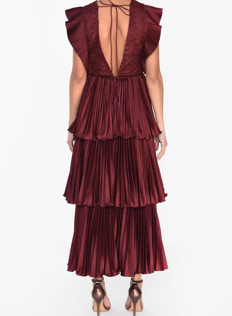 True Decadence Beatrice Burgundy Satin Pleated Tiered Dress