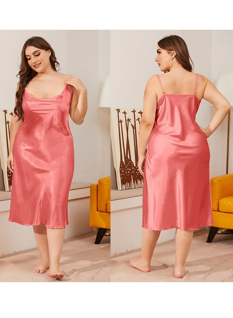 Loquat Women's Comfortable Solid Color Nightgown Cowl Neck Slip Dress Soft Lingerie Midi Sleepwear With Strap Coral Red 