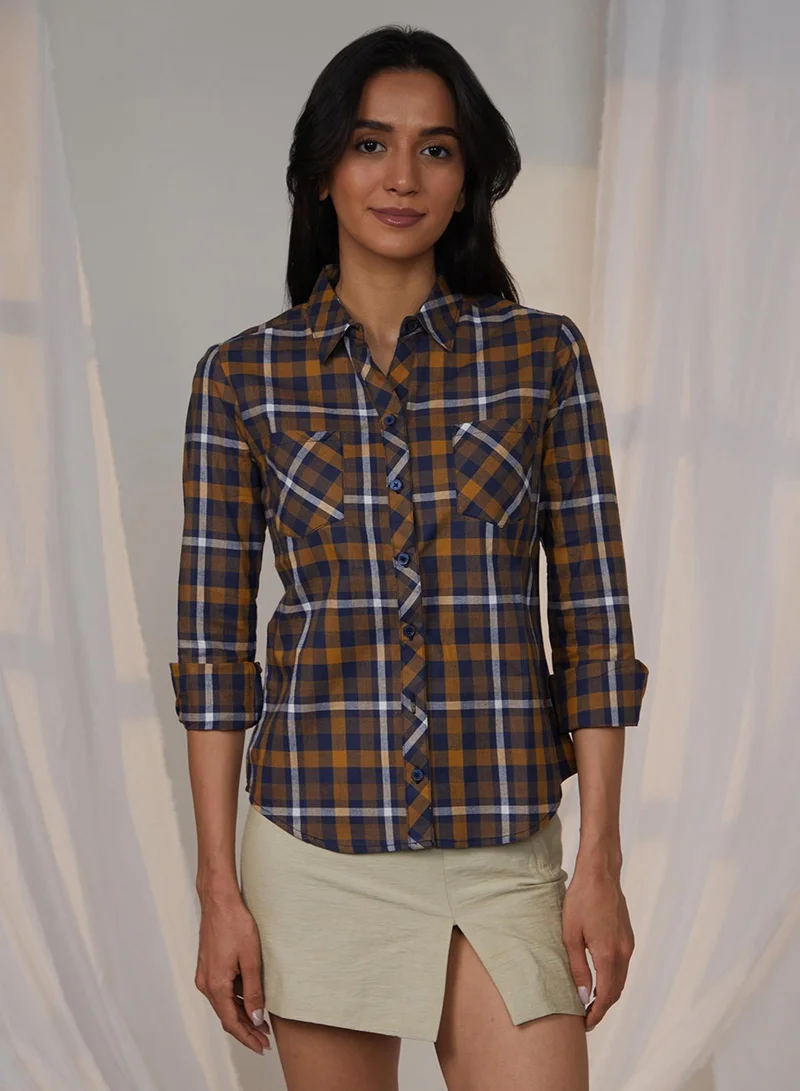 PINACOLADA Women's Tan Brown & Navy Blue Tartan Plaid Shirt
