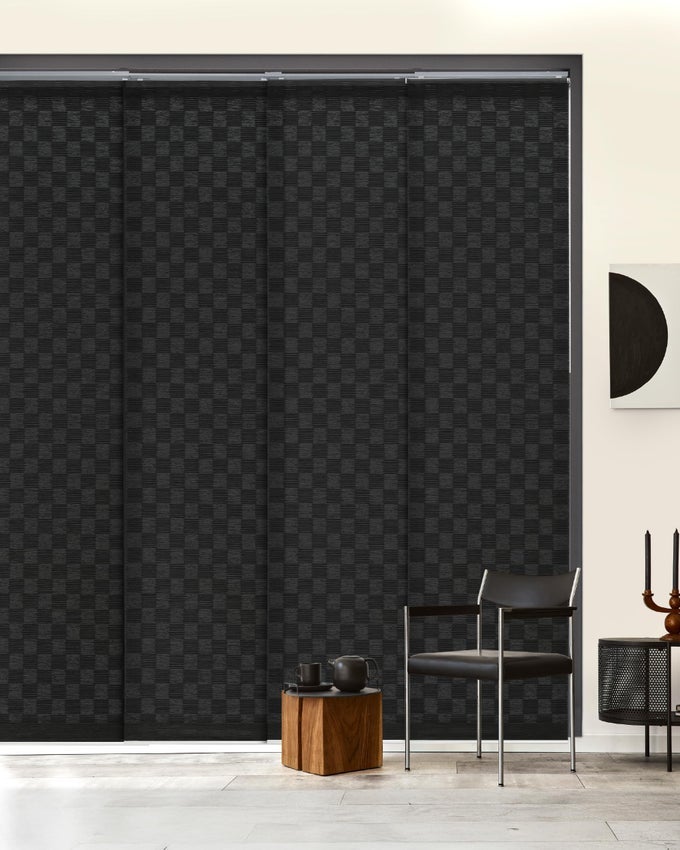 ADJUSTABLE SLIDING PANEL TRACK BLINDS FITS WINDOWS PATIO DOORS SLIDING GLASS DOORS CLOSET DOORS ADJUSTABLE TRACK WIDTH 458 86 TRIMMABLE PANEL HEIGHT UP TO 96 BLACK KING