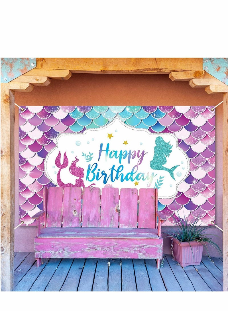 Y&D Mermaid Happy Birthday Backdrop Banner Under The Sea Party for Girl Princess Large Themed backgroud Indoor Outdoor Car Decorations Supplies - Image 5