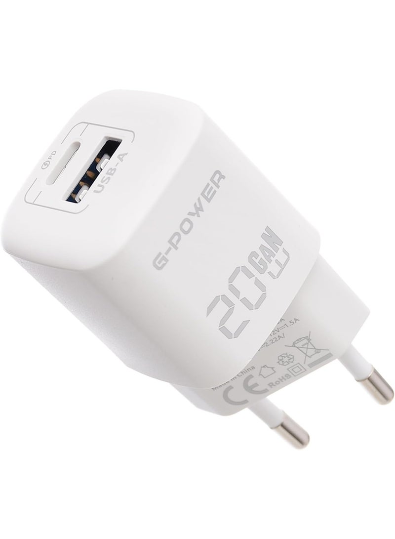 جي باور شاحن G-Power GP-C1 ثنائي المنافذ USB بقوة 20 واط (USB-A وUSB-C) يدعم تقنية الشحن السريع Qualcomm Quick Charge 3.0، متوافق مع أجهزة iPhone 14/14 Plus/14 Pro/14 Pro Max/13، وGalaxy، وPixel 4/3، وiPad - أبيض - Image 1
