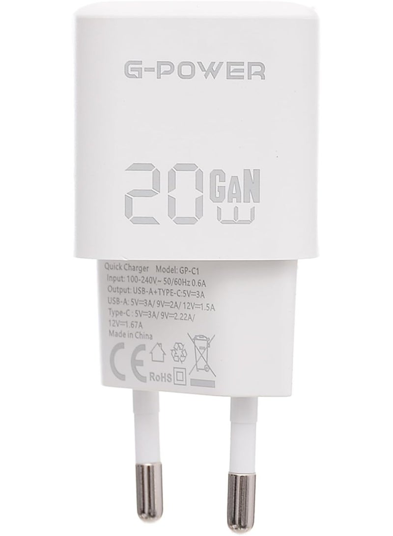جي باور شاحن G-Power GP-C1 ثنائي المنافذ USB بقوة 20 واط (USB-A وUSB-C) يدعم تقنية الشحن السريع Qualcomm Quick Charge 3.0، متوافق مع أجهزة iPhone 14/14 Plus/14 Pro/14 Pro Max/13، وGalaxy، وPixel 4/3، وiPad - أبيض - Image 2