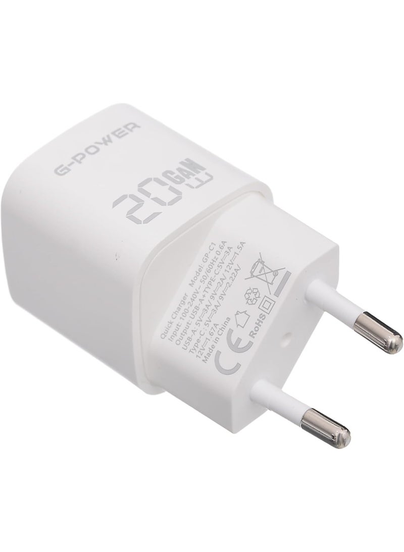 جي باور شاحن G-Power GP-C1 ثنائي المنافذ USB بقوة 20 واط (USB-A وUSB-C) يدعم تقنية الشحن السريع Qualcomm Quick Charge 3.0، متوافق مع أجهزة iPhone 14/14 Plus/14 Pro/14 Pro Max/13، وGalaxy، وPixel 4/3، وiPad - أبيض - Image 3