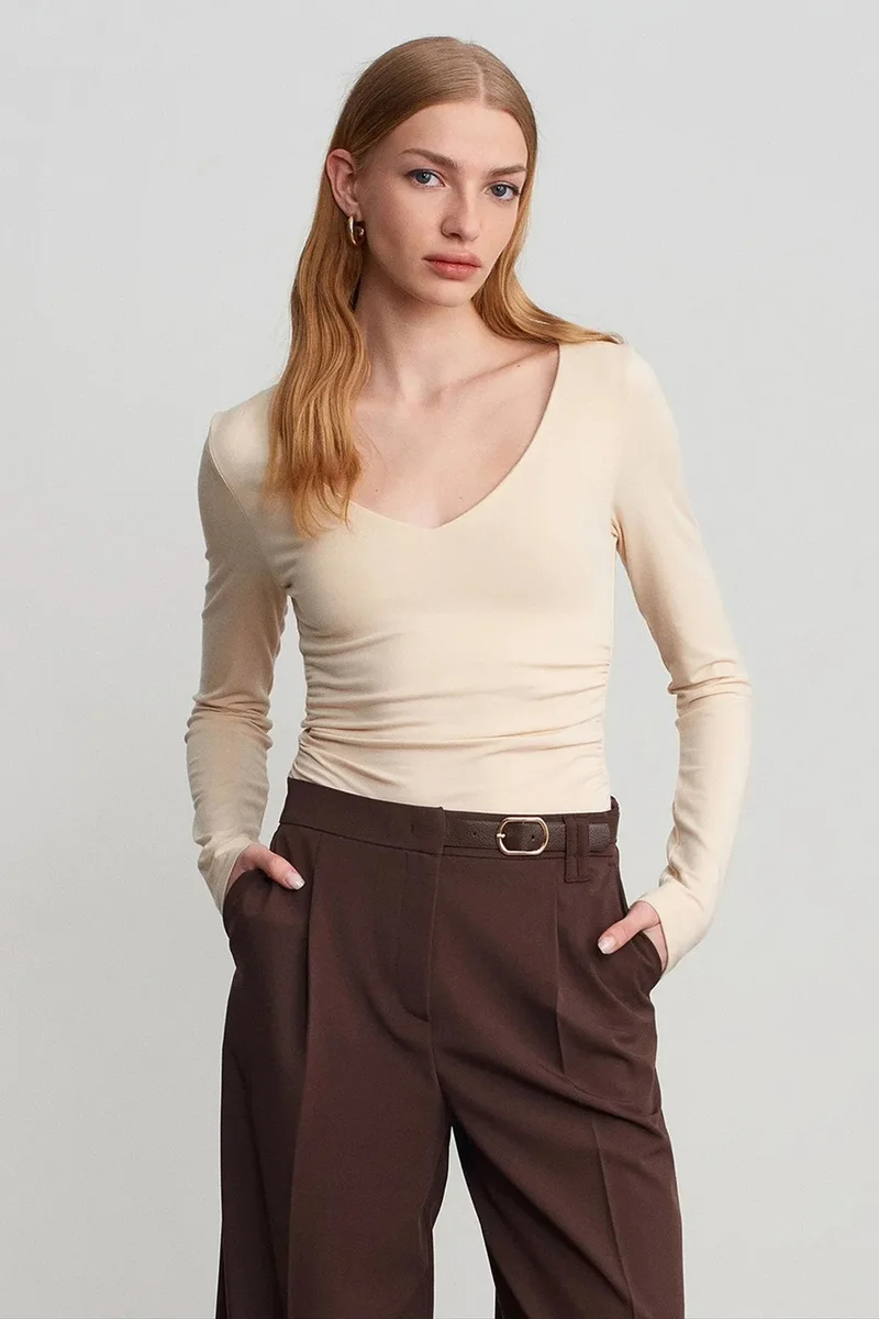DILVIN Slim Fit V-Neck Knit Blouse