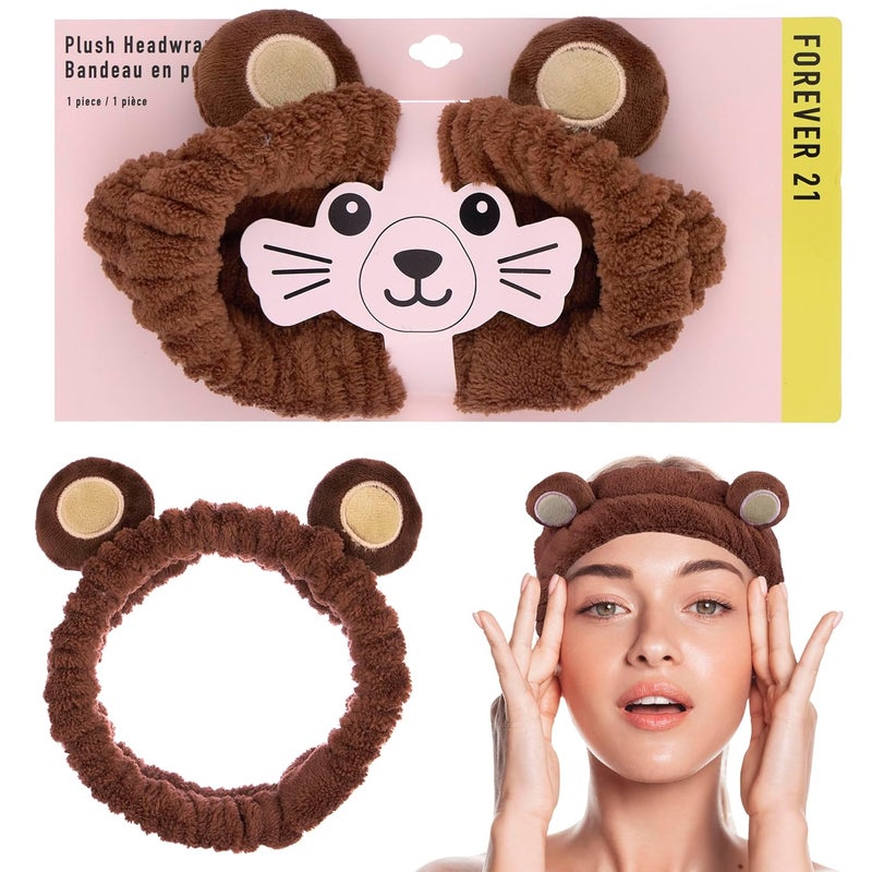 Forever 21 Plush Headwrap  Brown Bear Plush Spa Headband Kawaii Headband for Washing Face  Spa Essentials  Self Care Accessories