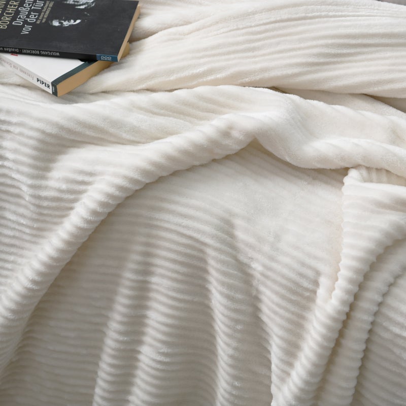 MORANO Fluffy Soft Blanket | Double Size 220x240 cm | Plush Stripes Texture 310 gsm | Color - Soft Ivory | Ideal for Beds, Sofa or Travel - Image 2