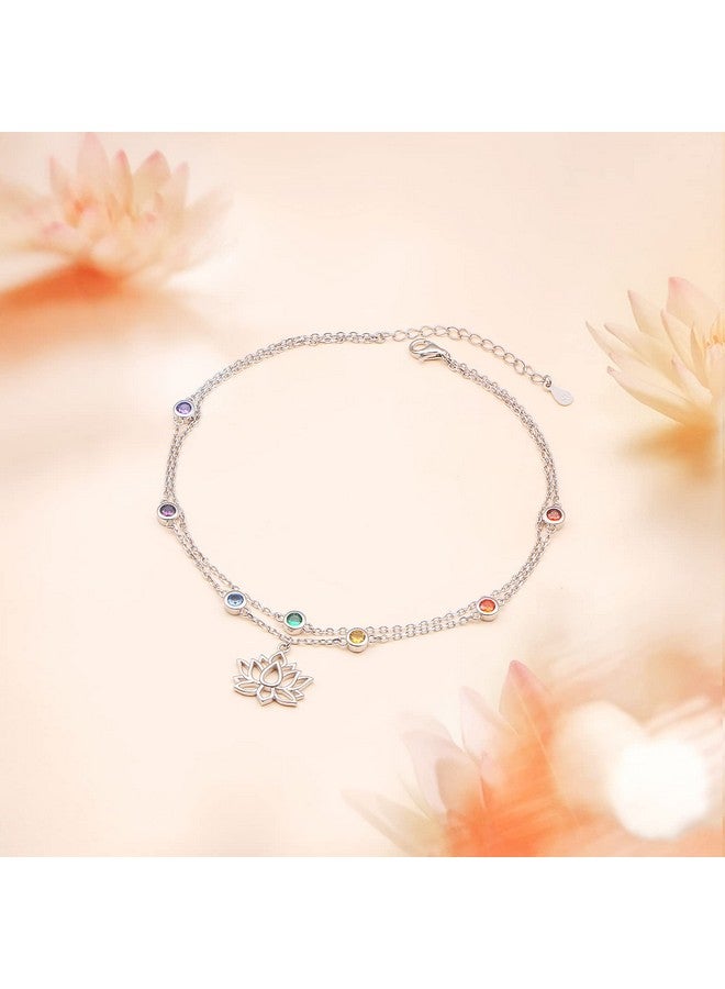 Yearace Lotus Chakra Anklet 925 Sterling Silver Multicolor Cubic Zirconia Ankle Bracelets For Women Adjustable Layered Foot Chain Jewelry Gift For Summer Day  - Image 2