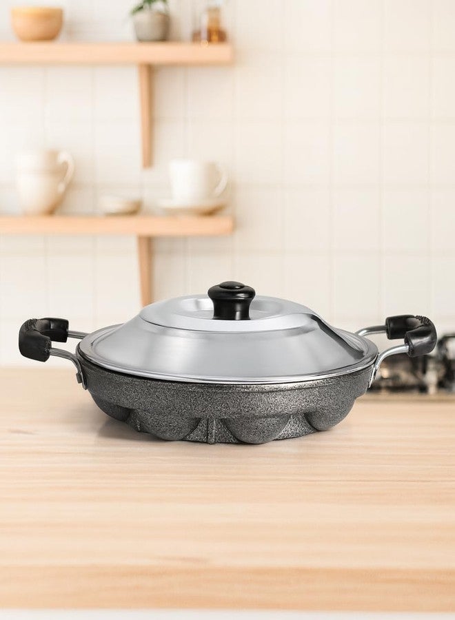 VISAXMI® Non Stick Aluminium Appam Maker Appachatty Ponganal Paniyarakkal aappe ka Sacha 12 Cavity with Lid and Side Handle (Grey Appam) - Image 4