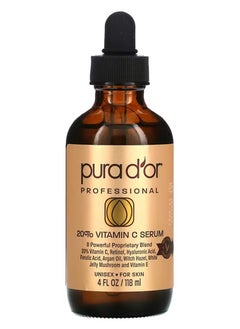 Pura d'or PURA D'OR 20% Vitamin C Serum (4oz BEST VALUE) Lightweight Maximum Strength Formula,Hyaluronic Acid,Retinol,Professional Grade Treatment For Face & Eyes,Dark Spots,Acne,Wrinkles,For Men & Women 