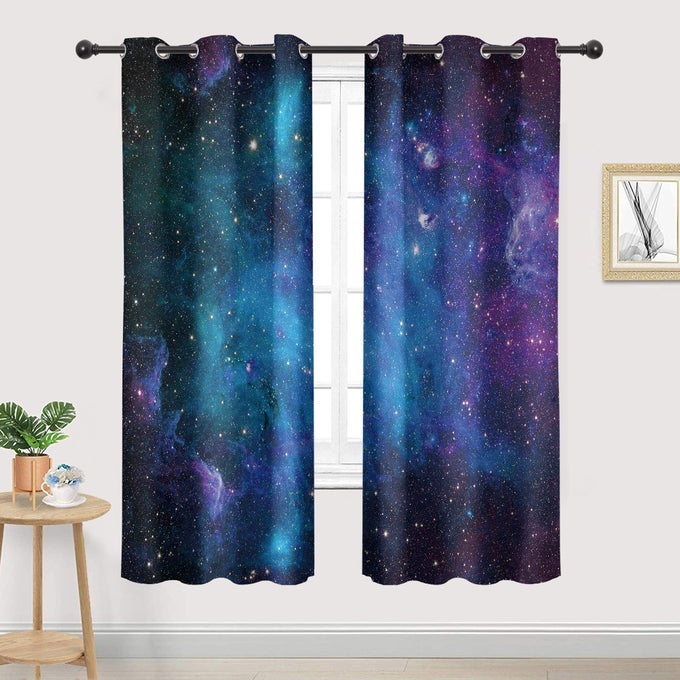 GALAXY BLACKOUT CURTAINS 29W X 63L INCH GROMMET KIDS BLACKOUT CURTAINS OUTER SPACE UNIVERSE BLUE PSYCHEDELIC PLANET NEBULA STARRY SKY ART LIVING ROOM BEDROOM WINDOW DRAPES FABRIC 2 PANELS