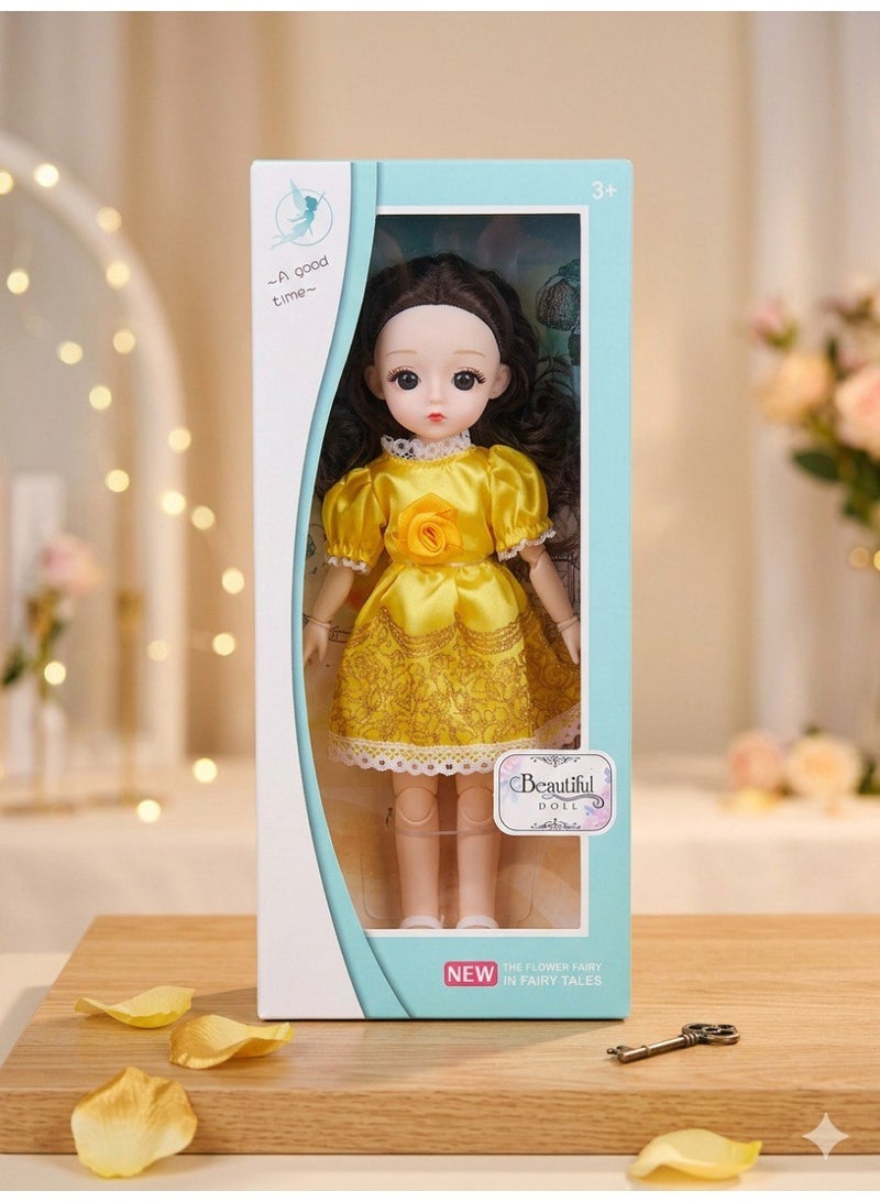 A stylish princess-inspired doll for girls, featuring delicate features, wide eyes, and long, flowing hair, dressed in a delightful gown with charming details. 👗✨ Made from safe and durable materials with movable joints for freedom of movement and poses, this doll is suitable for children 3+ years old, offering hours of imaginative play and fun-filled moments. 🎀💖