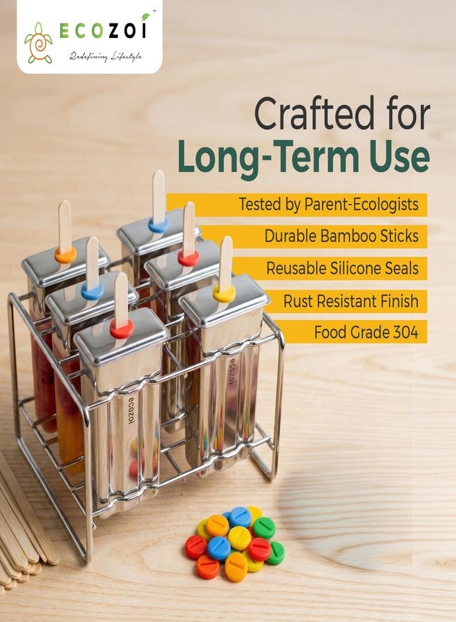 Ecozoi Eco-Safe Stainless Steel Popsicle Moulds and Rack - 6 Ice Pop Makers + 30 Reusable Bamboo Sticks + 12 Silicone Seals + 1 Rack - Image 4