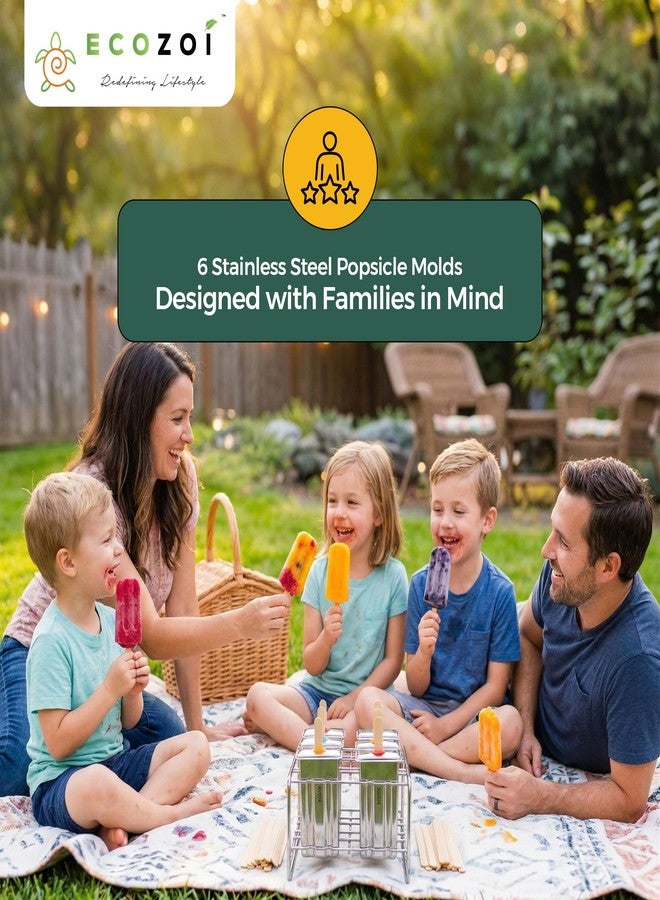 Ecozoi Eco-Safe Stainless Steel Popsicle Moulds and Rack - 6 Ice Pop Makers + 30 Reusable Bamboo Sticks + 12 Silicone Seals + 1 Rack - Image 5