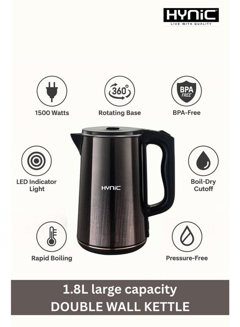 Hynic 1.8L Double-Wall Electric Kettle – 1500W Fast Boiling Stainless Steel Tea & Coffee Pot with Cool-Touch Exterior, Auto Shut-Off, and Boil-Dry Protection - Image 3
