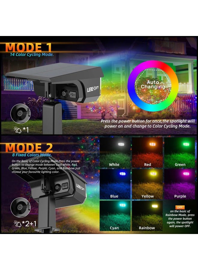 LEREKAM أضواء مسار شمسية خارجية، 40 مصباح LED بتغيير الألوان RGB، أضواء سبوت متعددة الألوان تعمل بالطاقة الشمسية وUSB، 14 لونًا بتغيير تلقائي للألوان للحديقة، 2 عبوة - Image 5
