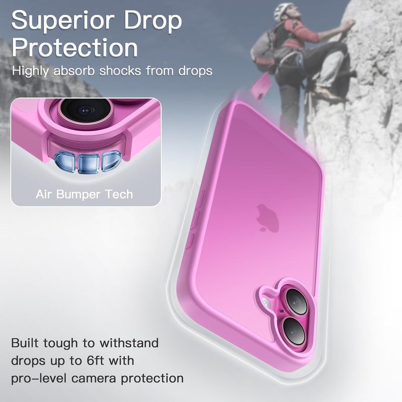 جي تيك جراب غير لامع لهاتف آيفون 16 مقاس 6.1 بوصة، حماية من الصدمات والسقوط بدرجة عسكرية، غطاء خلفي شفاف غير لامع، ظهر وردي مضاد لبصمات الأصابع - Image 3