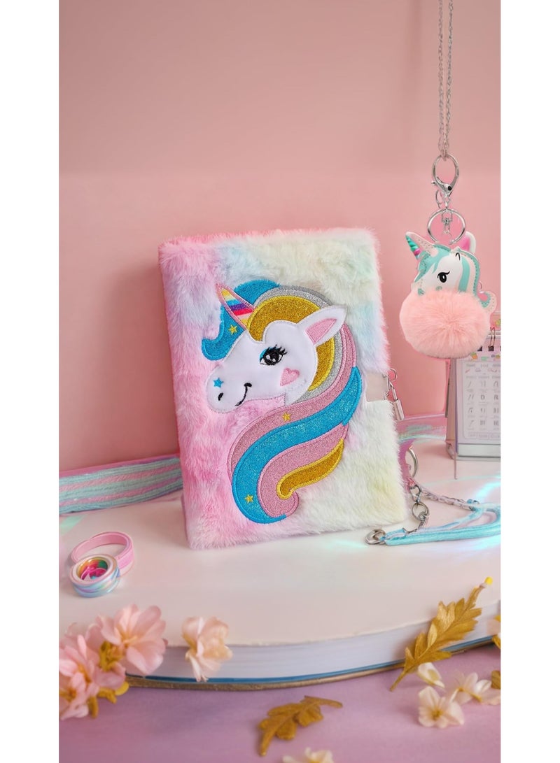 CMGTYYD. مجموعة مفكرة يونيكورن الوردي المنفوش الوردي - أدوات مكتبية ناعمة ومخملية وأنيقة للفتيات تتضمن سلسلة مفاتيح على شكل كرة فرو يونيكورن وكراسة كتابة يوميات حالمة للأطفال - Image 1