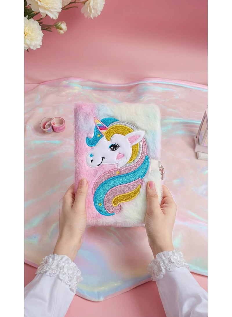 CMGTYYD. مجموعة مفكرة يونيكورن الوردي المنفوش الوردي - أدوات مكتبية ناعمة ومخملية وأنيقة للفتيات تتضمن سلسلة مفاتيح على شكل كرة فرو يونيكورن وكراسة كتابة يوميات حالمة للأطفال - Image 2