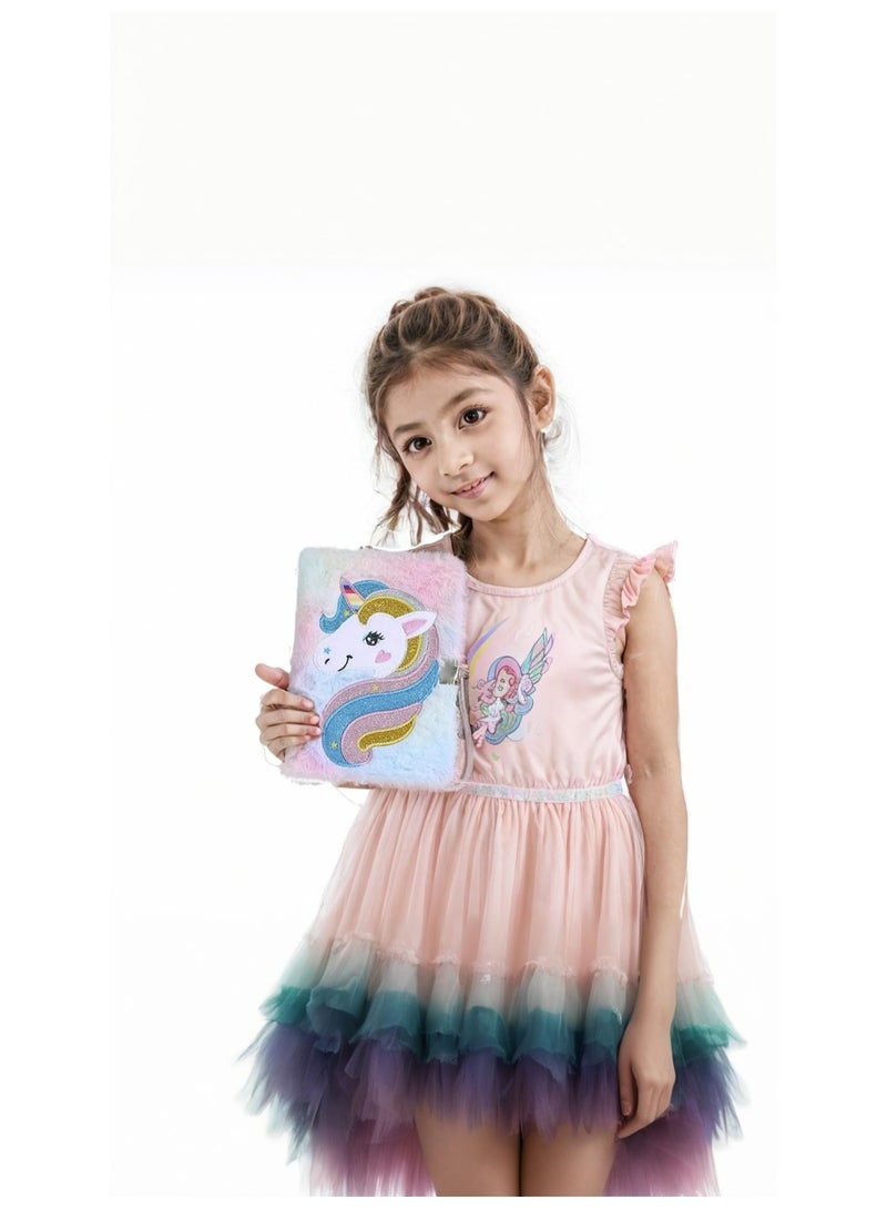 CMGTYYD. مجموعة مفكرة يونيكورن الوردي المنفوش الوردي - أدوات مكتبية ناعمة ومخملية وأنيقة للفتيات تتضمن سلسلة مفاتيح على شكل كرة فرو يونيكورن وكراسة كتابة يوميات حالمة للأطفال - Image 3