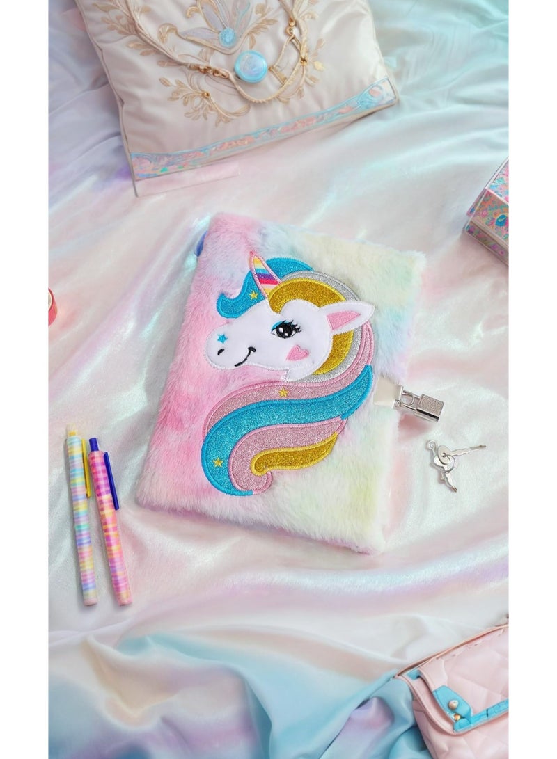 CMGTYYD. مجموعة مفكرة يونيكورن الوردي المنفوش الوردي - أدوات مكتبية ناعمة ومخملية وأنيقة للفتيات تتضمن سلسلة مفاتيح على شكل كرة فرو يونيكورن وكراسة كتابة يوميات حالمة للأطفال - Image 4