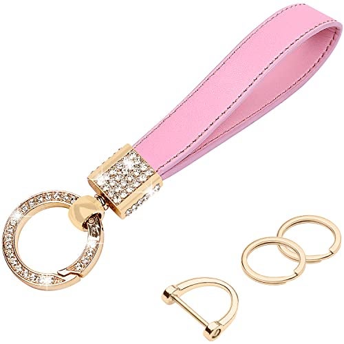 Wisdompro Geunine Leather Car Keychain, Universal Bling Key FOB Keychain Holder Leather Key Chains Women for Car Keys with Anti-lost D Ring, 2 Key Rings, 360 Degree Rotatable - Pink - Image 1