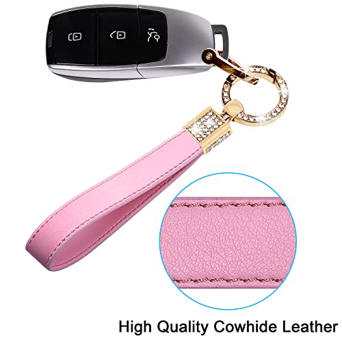 Wisdompro Geunine Leather Car Keychain, Universal Bling Key FOB Keychain Holder Leather Key Chains Women for Car Keys with Anti-lost D Ring, 2 Key Rings, 360 Degree Rotatable - Pink - Image 3