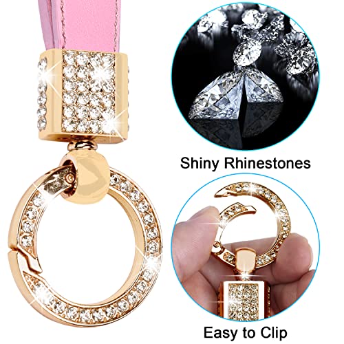 Wisdompro Geunine Leather Car Keychain, Universal Bling Key FOB Keychain Holder Leather Key Chains Women for Car Keys with Anti-lost D Ring, 2 Key Rings, 360 Degree Rotatable - Pink - Image 2