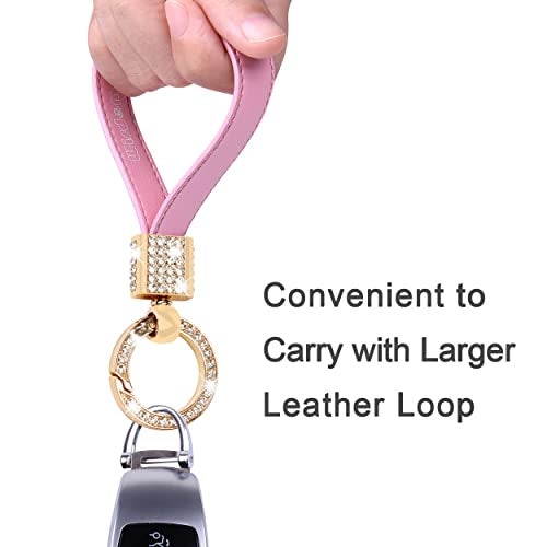Wisdompro Geunine Leather Car Keychain, Universal Bling Key FOB Keychain Holder Leather Key Chains Women for Car Keys with Anti-lost D Ring, 2 Key Rings, 360 Degree Rotatable - Pink - Image 4